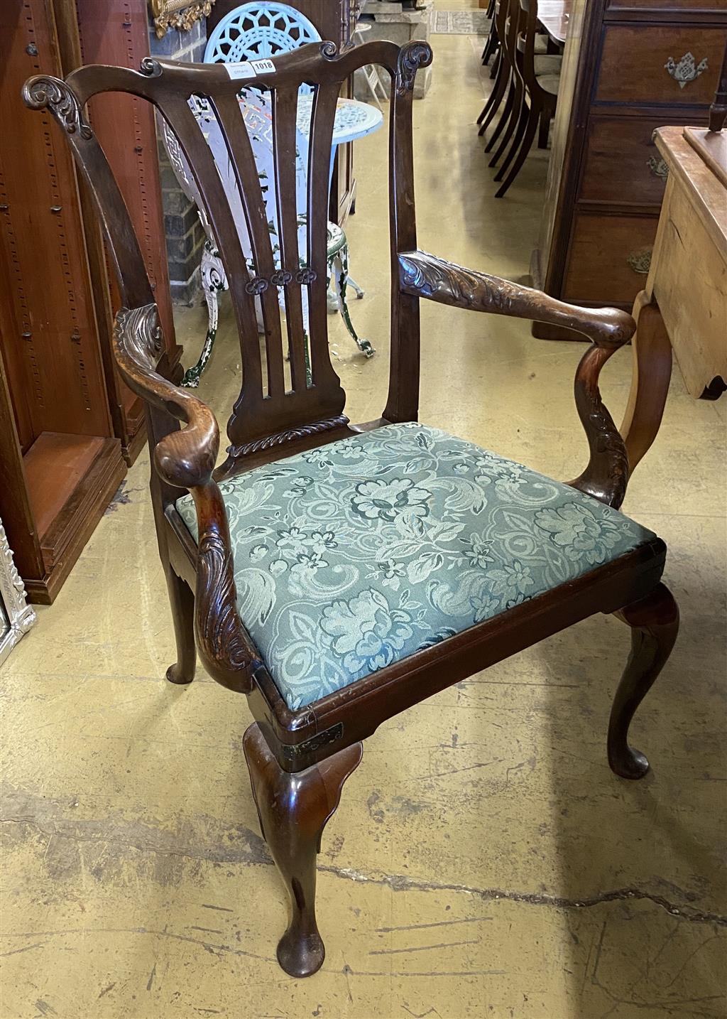 A George III mahogany elbow chair, width 74cm, depth 56cm, height 104cm
